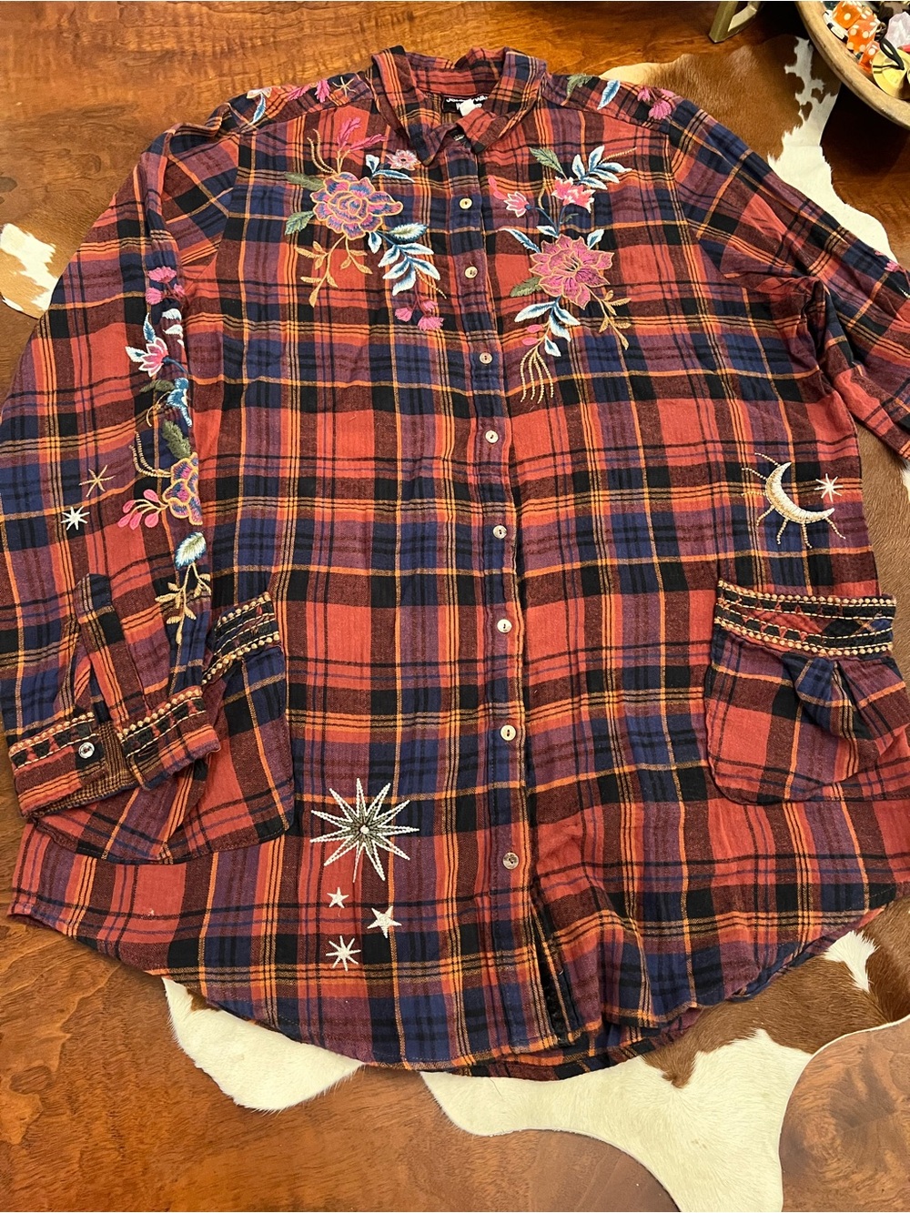 Red Plaid Embroidered Button-Up Shirt